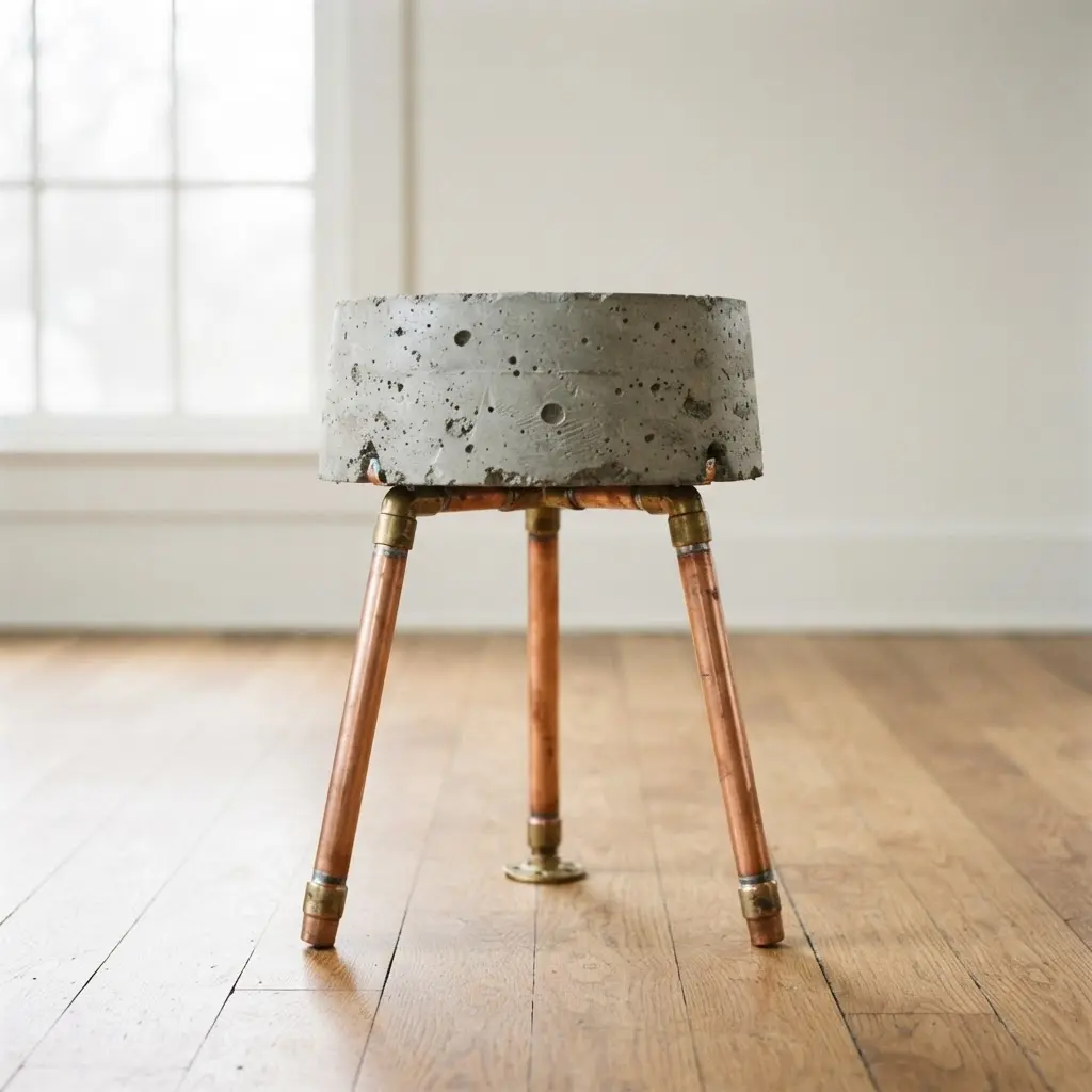 A grey concrete bucket stool supported by three polished copper pipe legs.