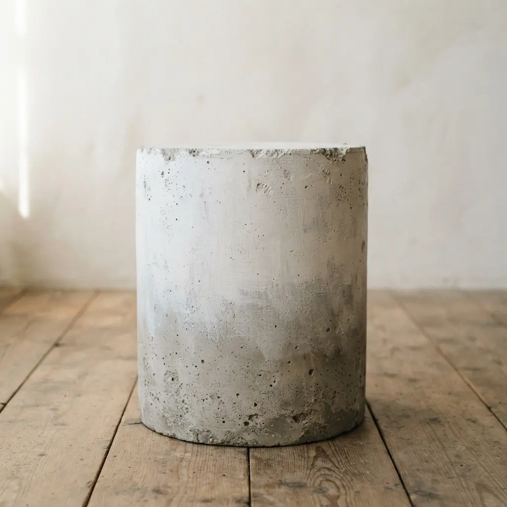 A concrete bucket stool with a whitewash treatment that fades towards the bottom, revealing grey concrete underneath.