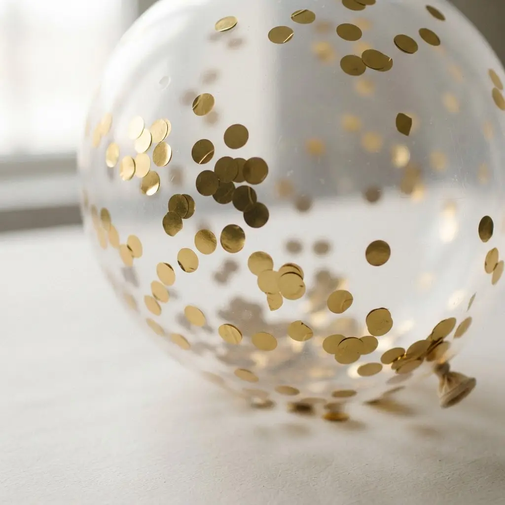 A transparent latex balloon filled with shimmering gold metallic paper circles suspended in air.