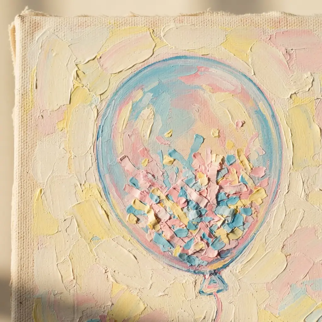 A clear party balloon containing delicate pastel pink, blue, and yellow tissue paper tassel confetti.