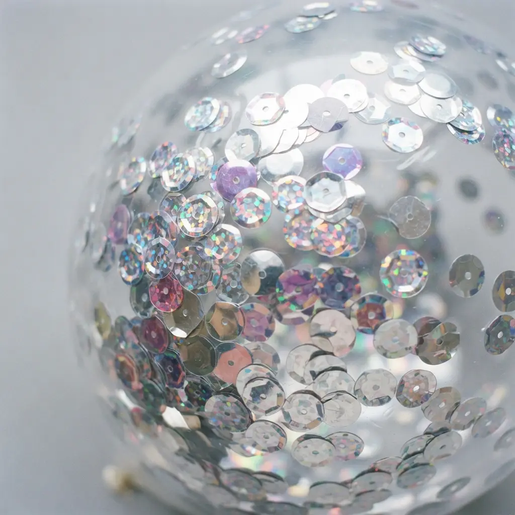 A translucent balloon filled with large, chunky iridescent sequins that reflect rainbow colors against the light.