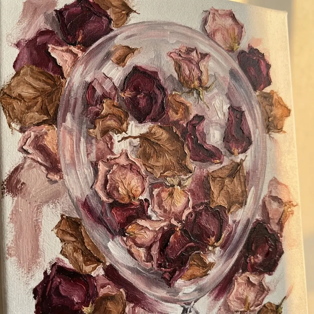 A clear balloon decorated with soft, dried burgundy and blush pink rose petals scattered inside.