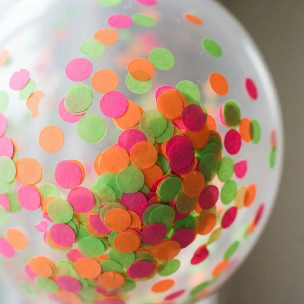 A vibrant clear balloon packed with small, intensely colored neon pink, green, and orange paper dots.