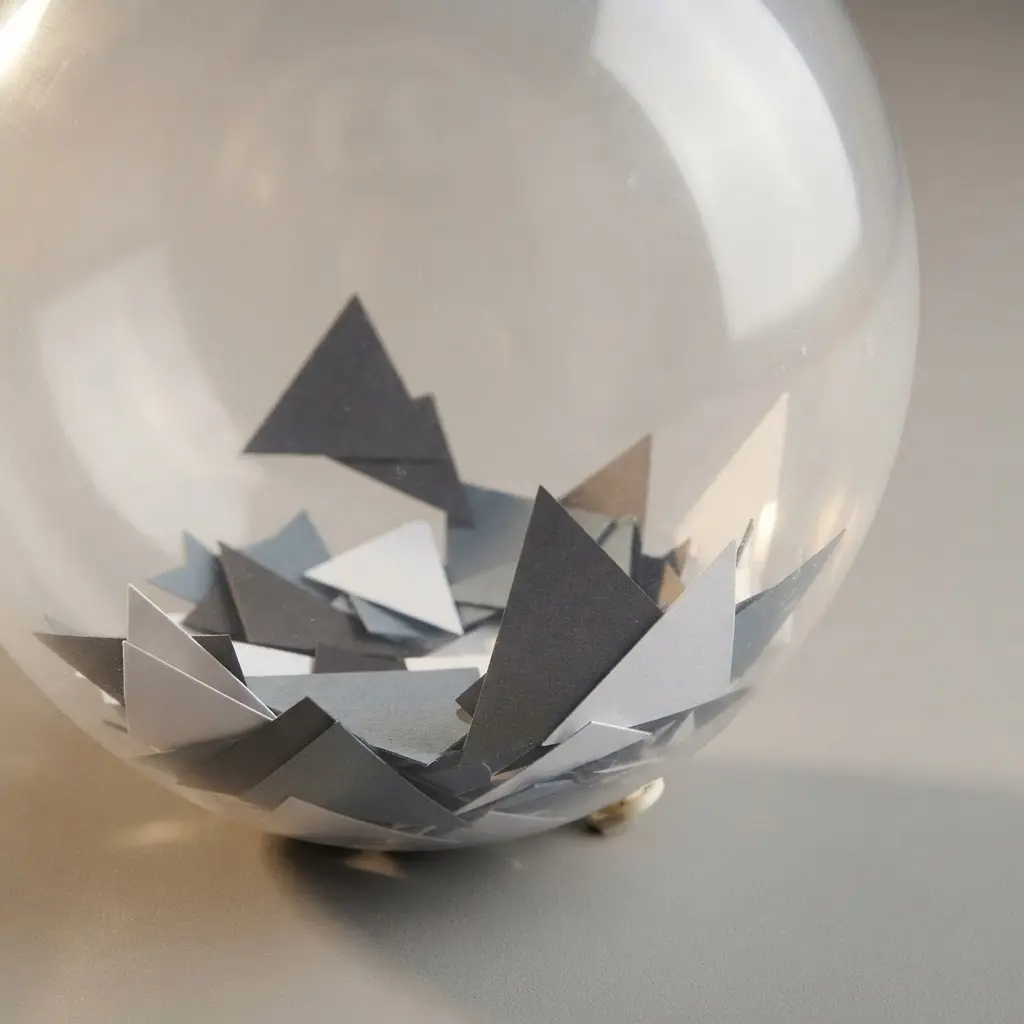 A contemporary design balloon filled with crisp, geometric cardstock triangles in monochrome colors.