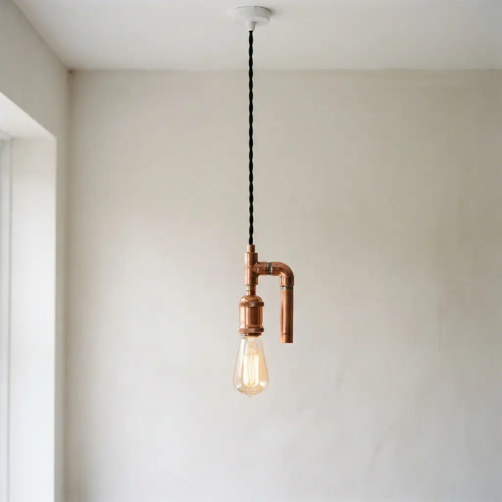 A minimalist copper pipe pendant light hangs from a black cord above a wooden table.