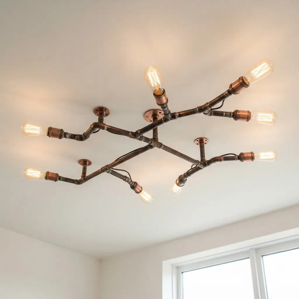 An artistic ceiling fixture with asymmetrical copper pipes extending like a branch.