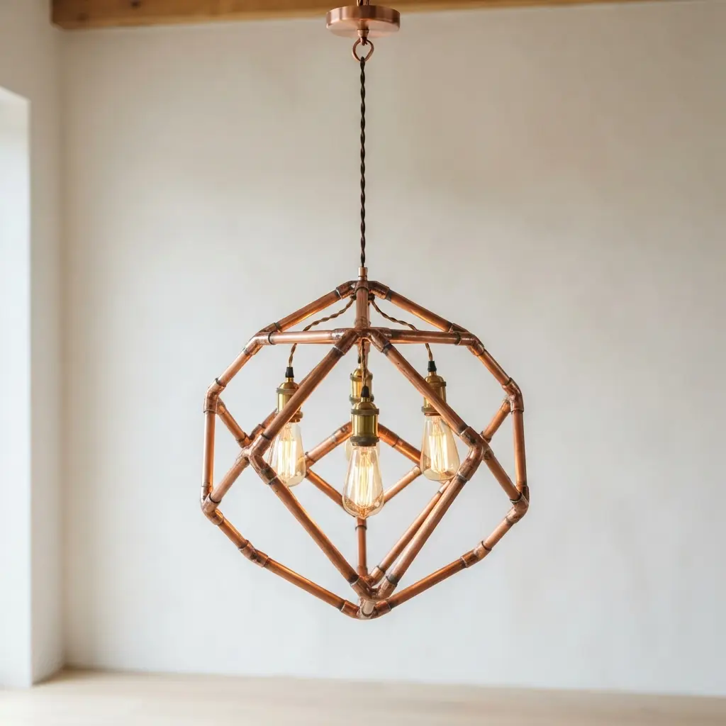 A geometric chandelier made from copper pipes and elbows hangs from a ceiling.