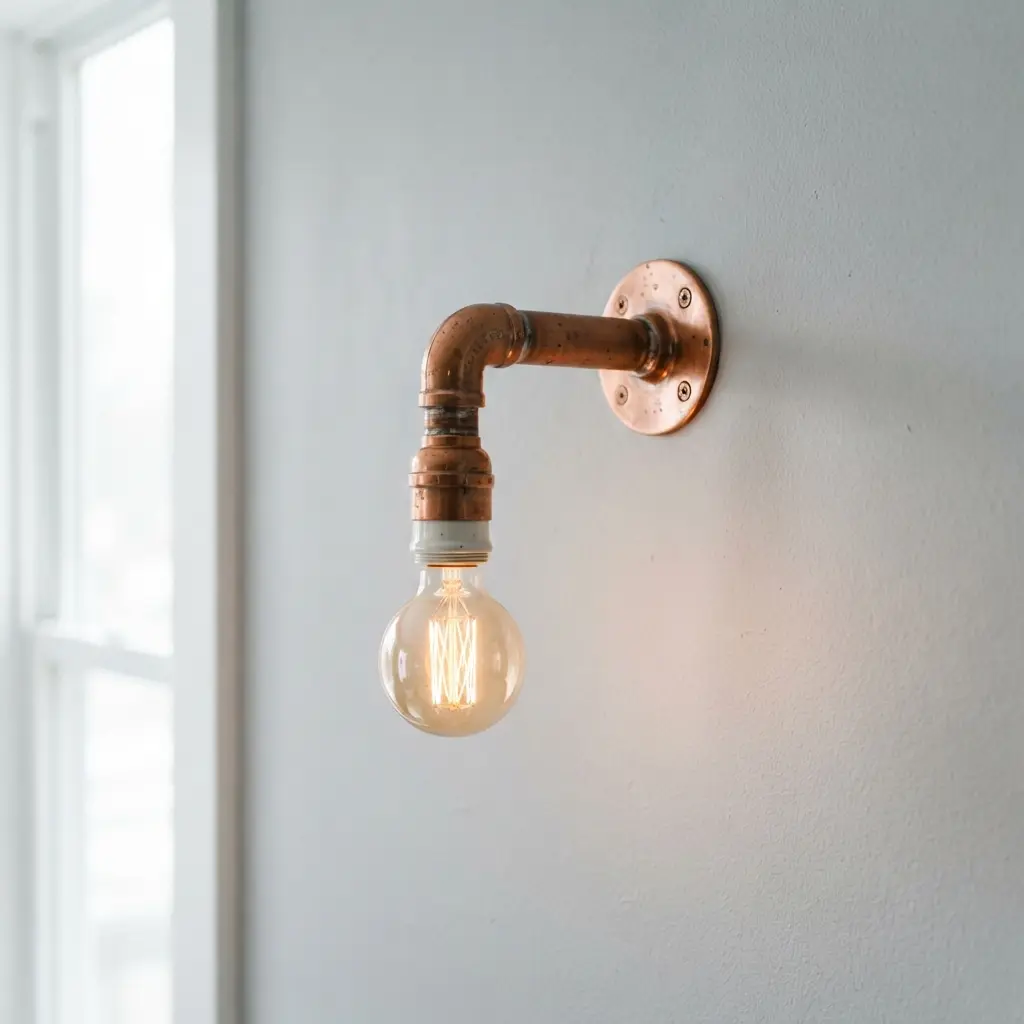 An industrial wall sconce made from a single copper elbow fitting.