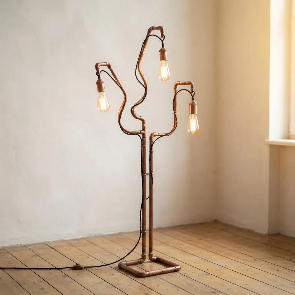 A tall, abstract floor lamp with multiple copper pipe arms and fabric cords.