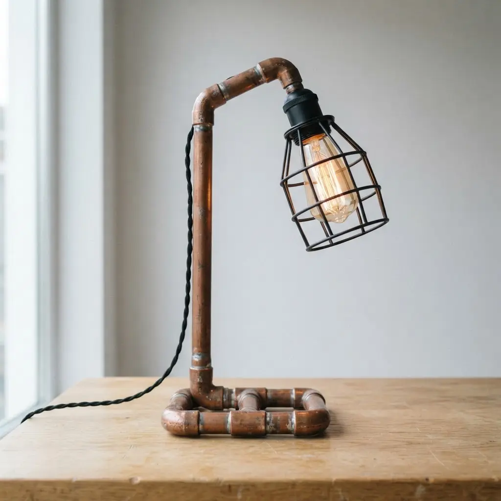 A small desk lamp with a copper pipe base and a black metal shade.