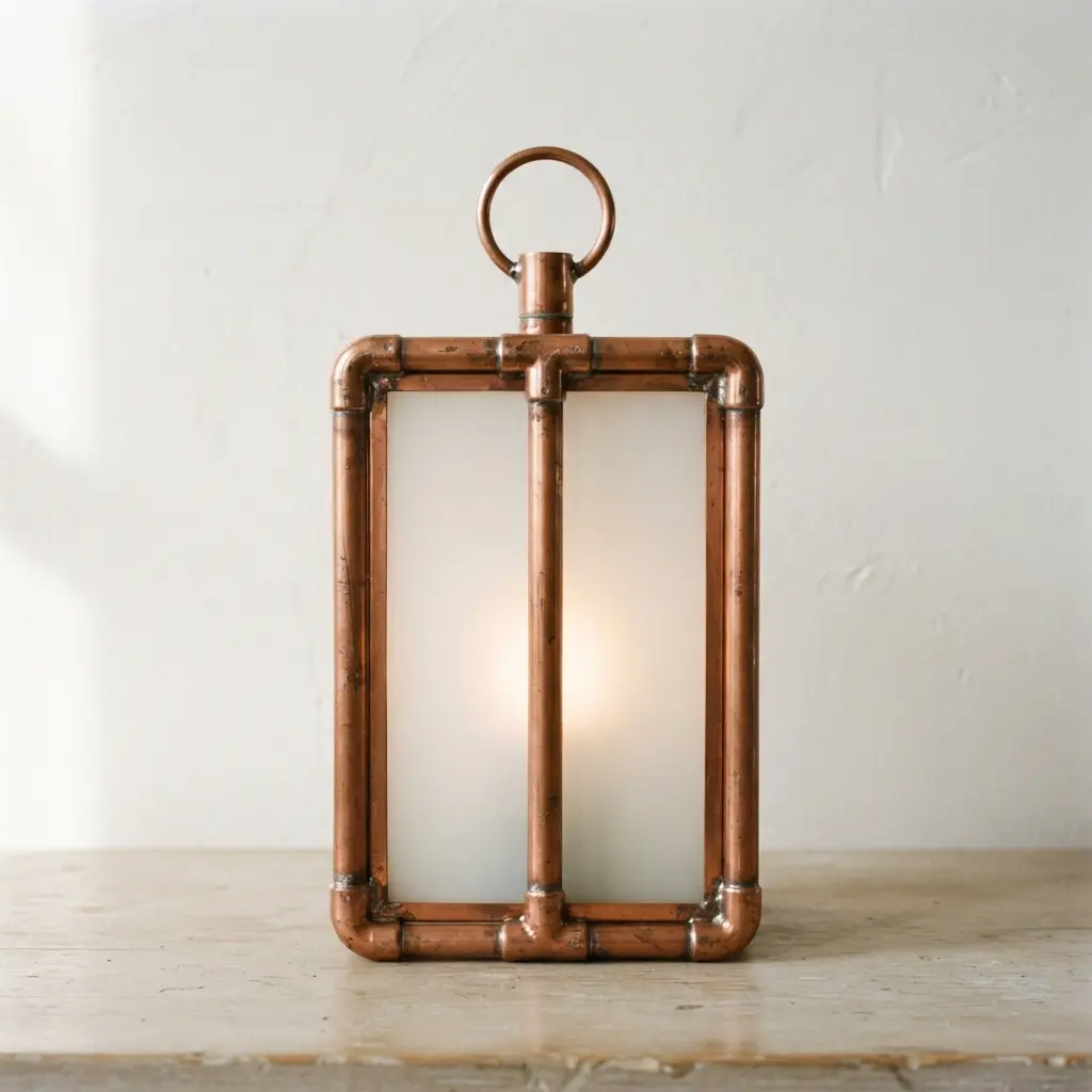 A square lantern with a copper pipe frame and glass or fabric panels.
