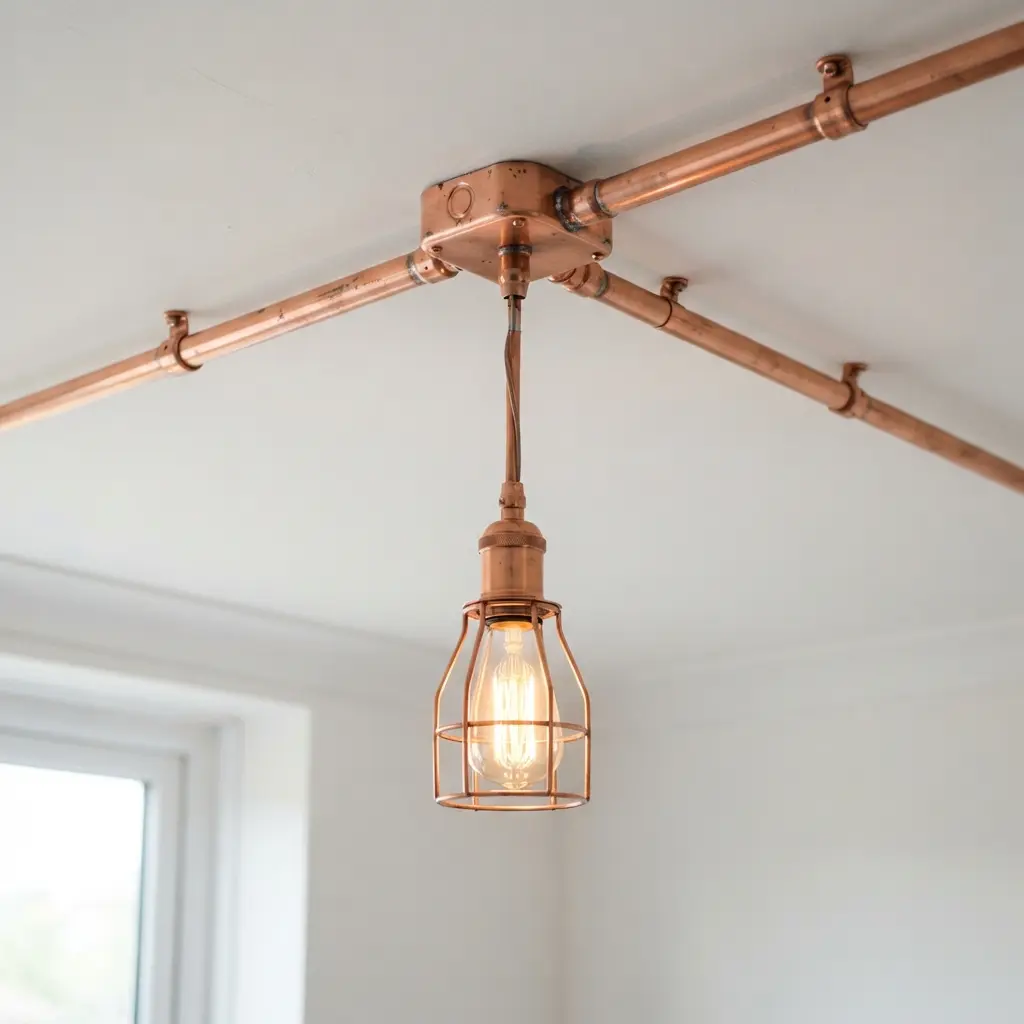 A ceiling light with copper pipes running along the surface to a central pendant.