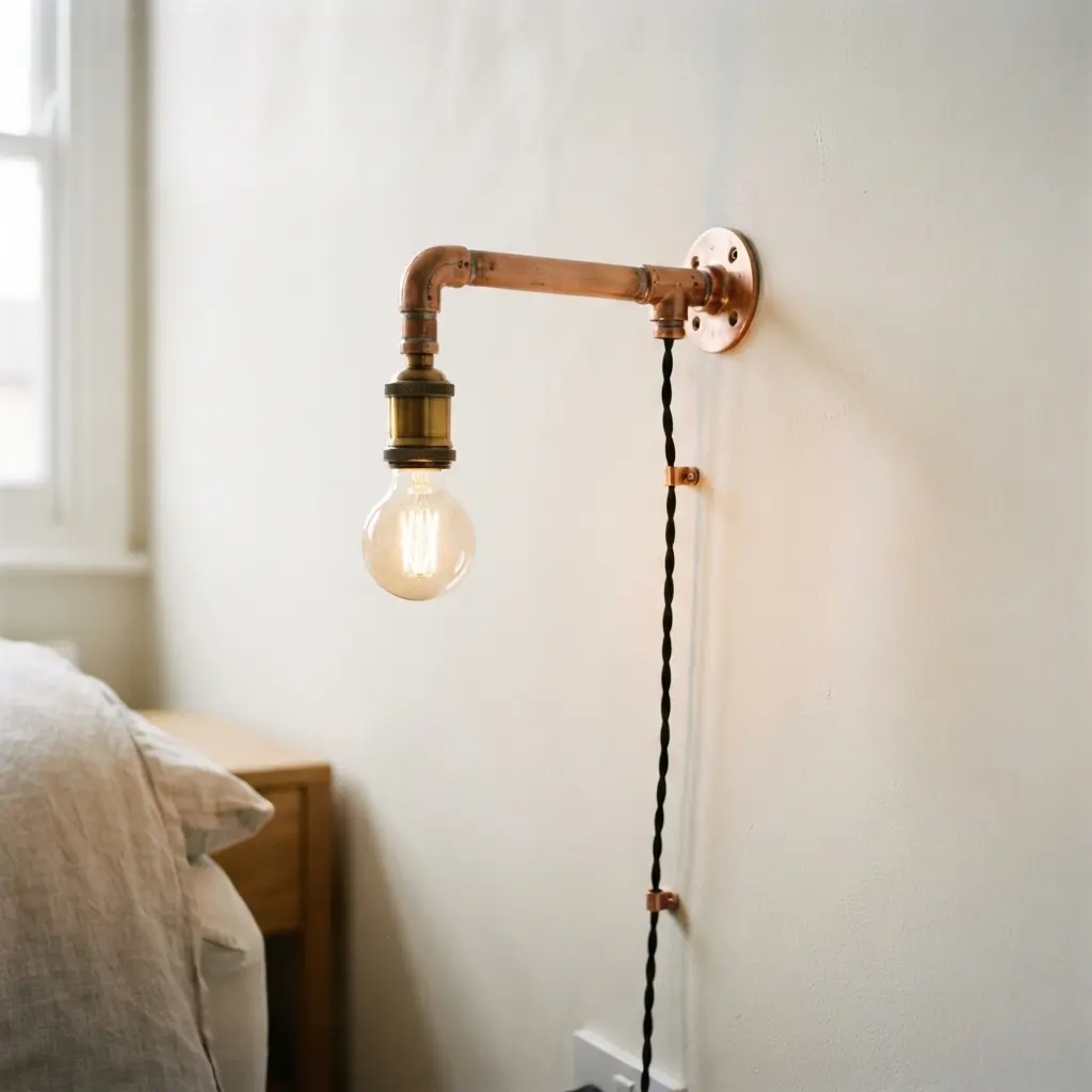 A floating bedside sconce with a copper pipe arm and a fabric cord.