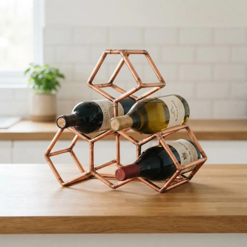 A minimalist copper pipe wine rack forming a triangular structure on a wooden surface.