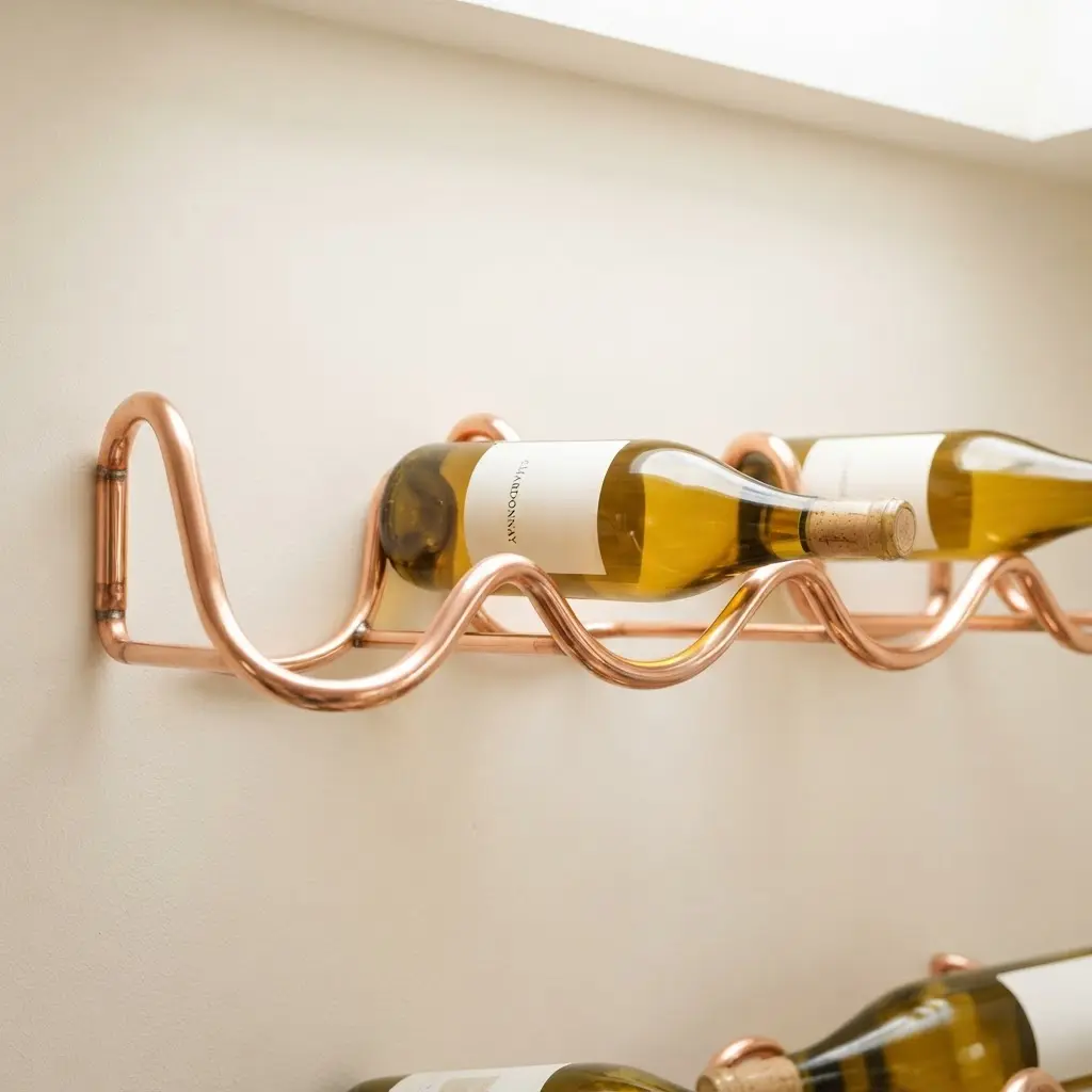 A display wine rack with highly polished, gently curved copper pipes acting as individual bottle cradles.