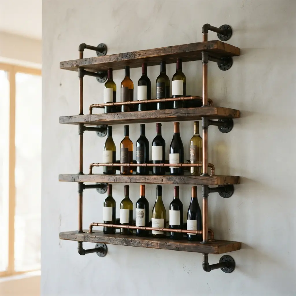 A wall-mounted wine rack combining aged wood and polished copper pipes in an industrial style.