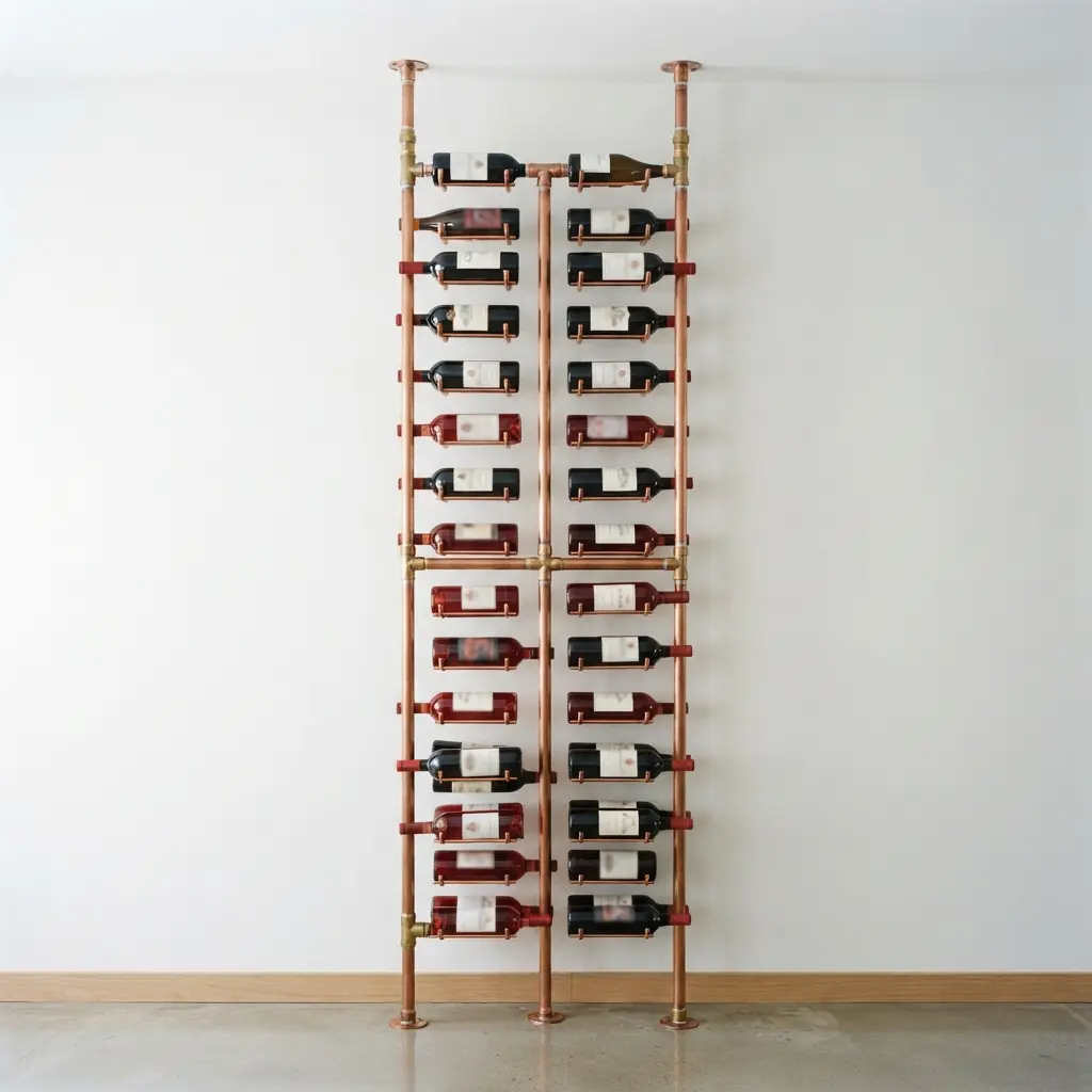 A floor-to-ceiling copper tension rod column designed to hold multiple wine bottles vertically.