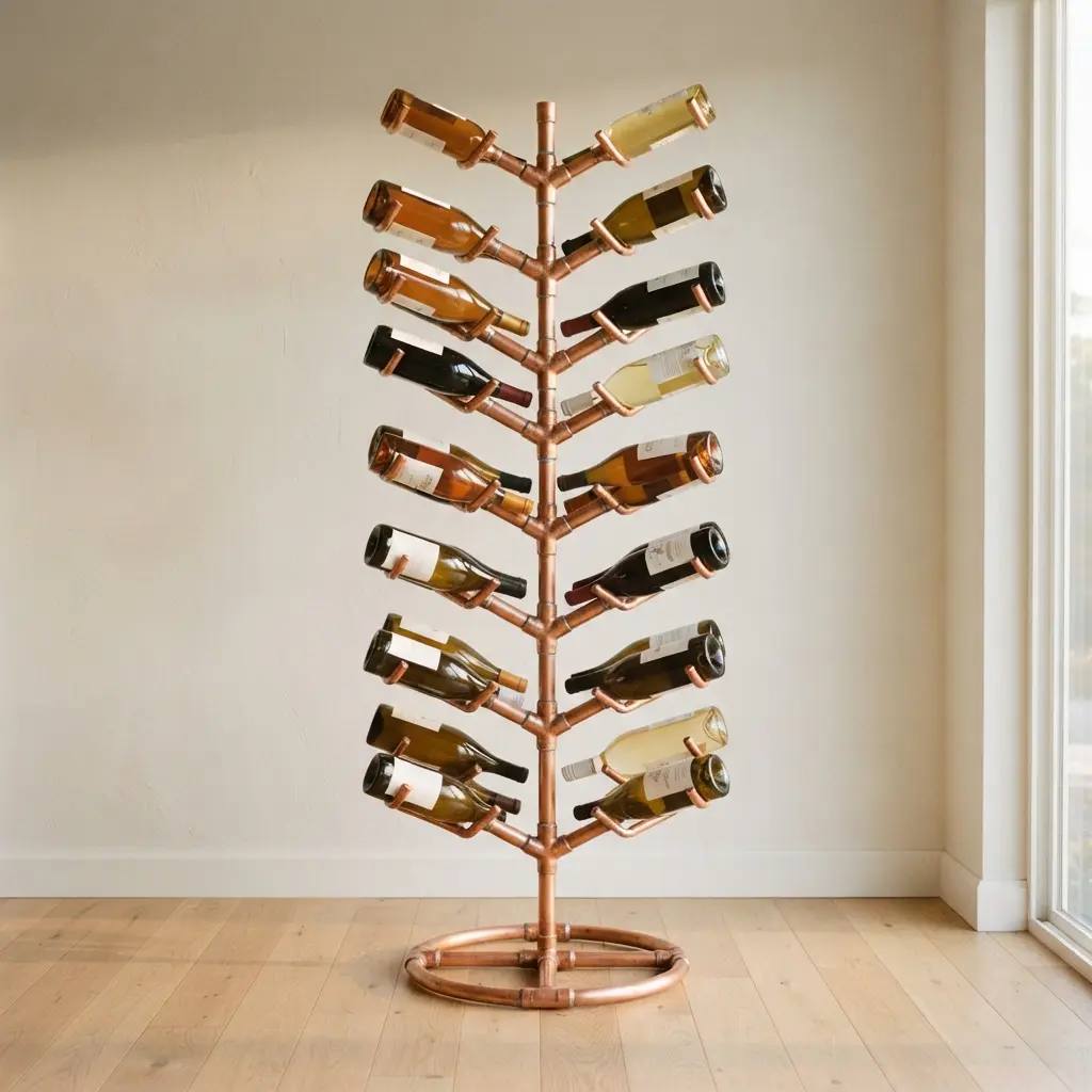 A symmetrical freestanding wine rack built with copper pipes and tee fittings forming branching arms.