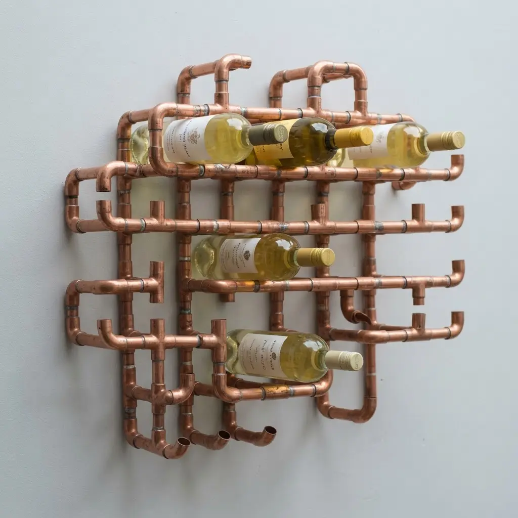 An asymmetrical modular grid wine rack made entirely from interconnected copper elbow fittings.