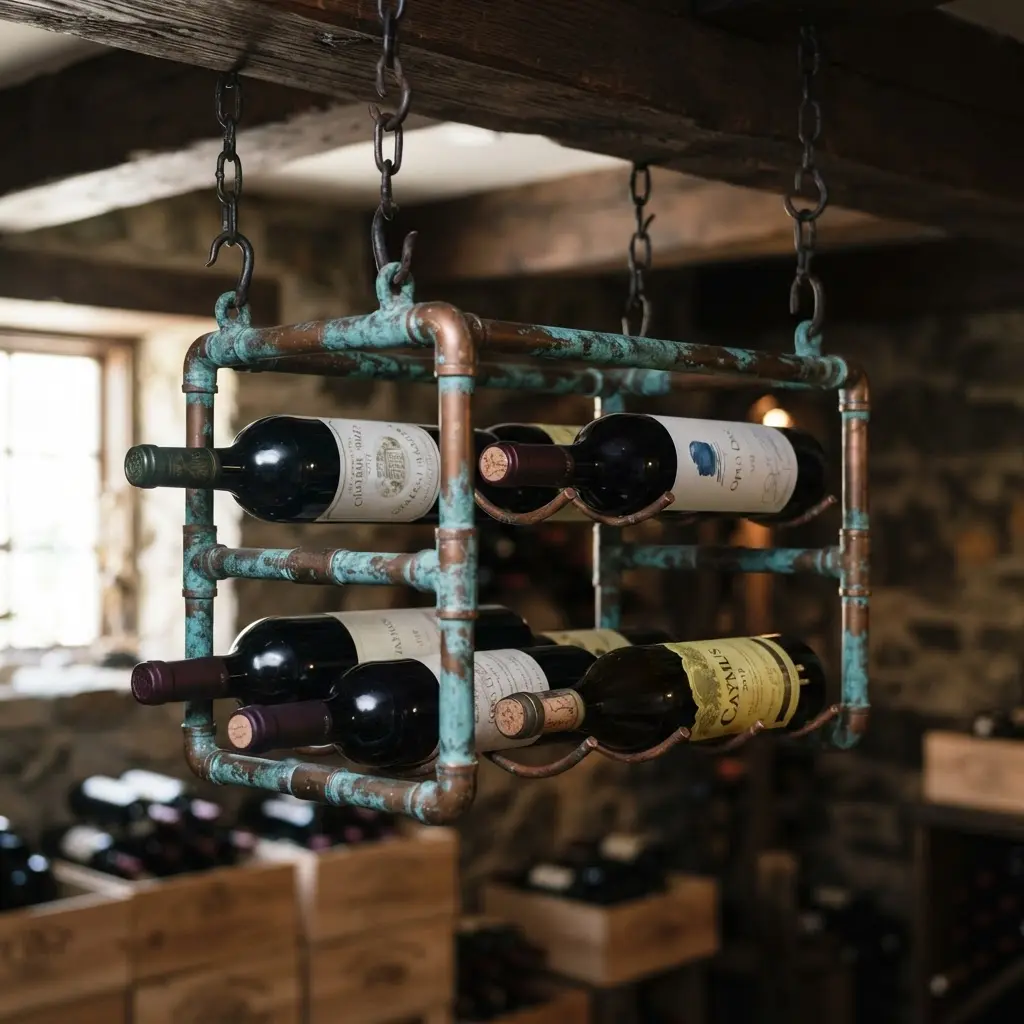 A suspended wine rack featuring long copper pipes with a natural blue-green patina finish.