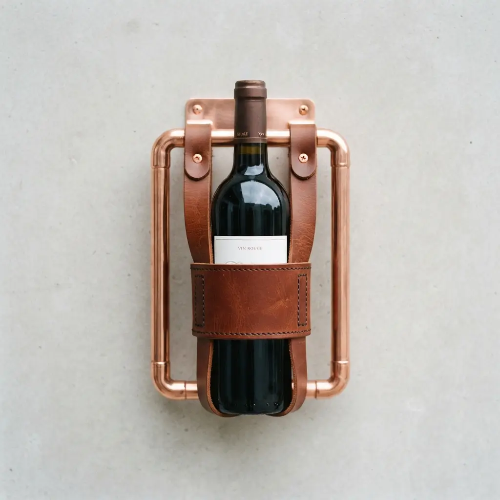 A sleek wine bottle holder combining polished copper brackets with brown leather harness straps.