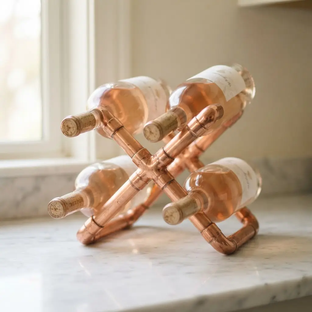 A compact countertop wine rack with two crossed copper pipes creating four bottle slots.