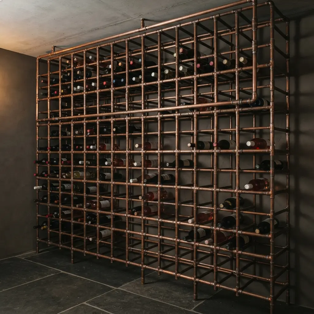 A large-scale industrial wine cellar structure built with a skeleton of soldered copper pipes.
