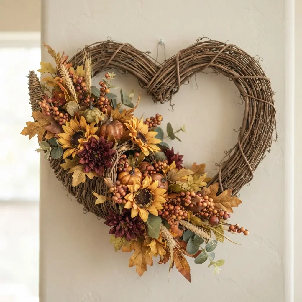 A rustic grapevine heart wreath overflowing with yellow silk sunflowers and deep red faux berries cascading from the center.