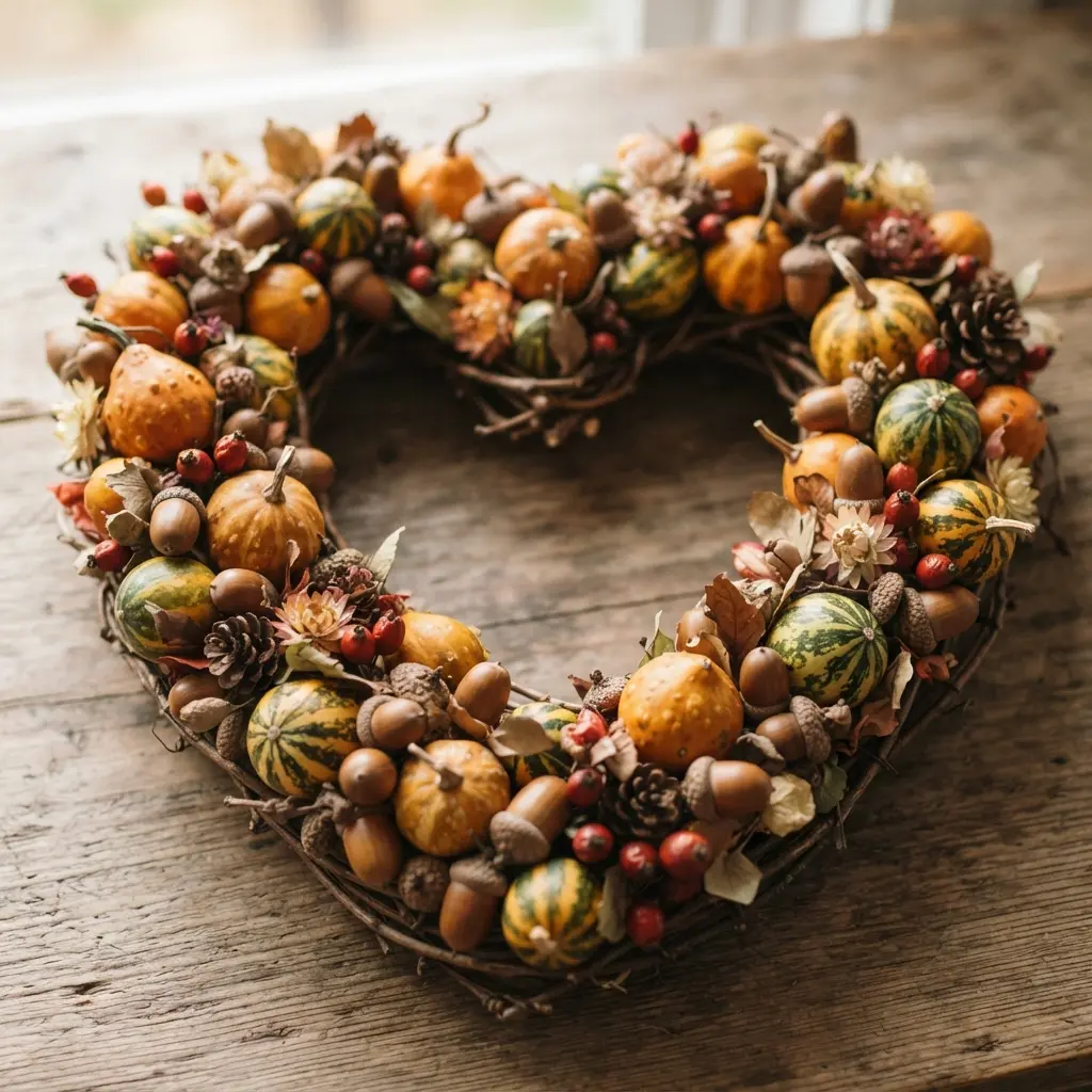 A charming, smaller-scale heart wreath densely covered with miniature faux gourds in assorted colors, acorns, and cinnamon sticks.