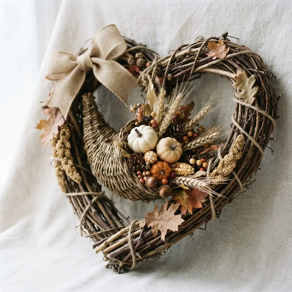 A clean, minimalist heart wreath featuring a cluster of white faux mini pumpkins nestled on a natural twig frame.