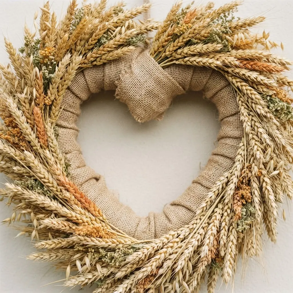 A textured heart wreath with a burlap-wrapped base, densely packed with sprays of dried wheat, oats, and subtle berry accents.