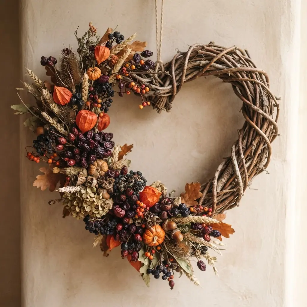 A rustic, handwoven twig heart wreath bursting with clusters of dried orange berries, red rose hips, and small pinecones.