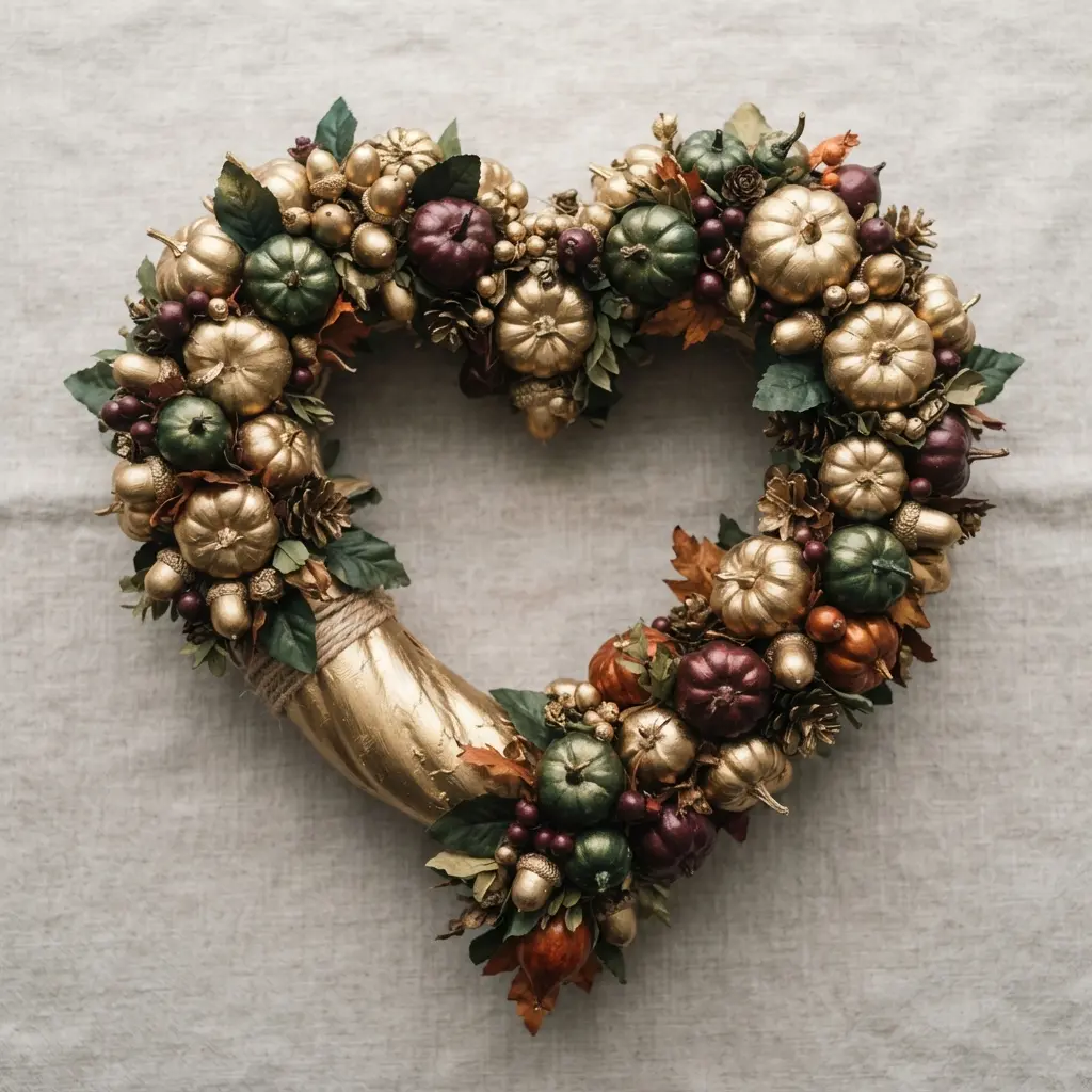An abundant heart wreath where miniature gourds, nuts, and leaves are accented with metallic gold paint for a touch of glamour.