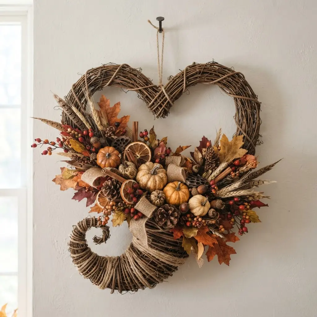 A richly colored heart wreath constructed from layers of faux leaves in deep burgundy, crimson, and burnt orange, creating a velvety texture.