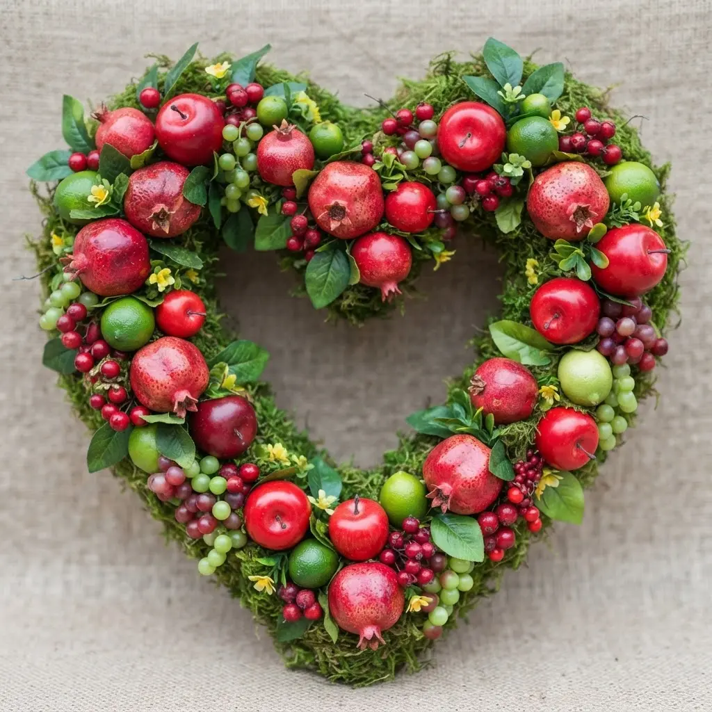 A lush, moss-covered heart wreath base overflowing with realistic faux red apples, green pears, and clusters of grapes.