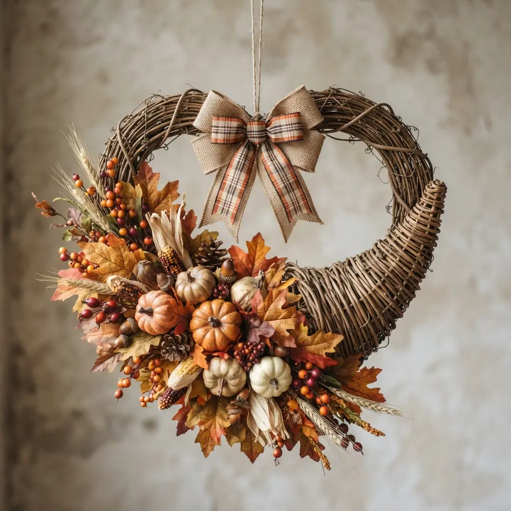 A classic autumn heart wreath of orange berries and leaves, anchored by a large, luxurious bow made from black and orange plaid ribbon.