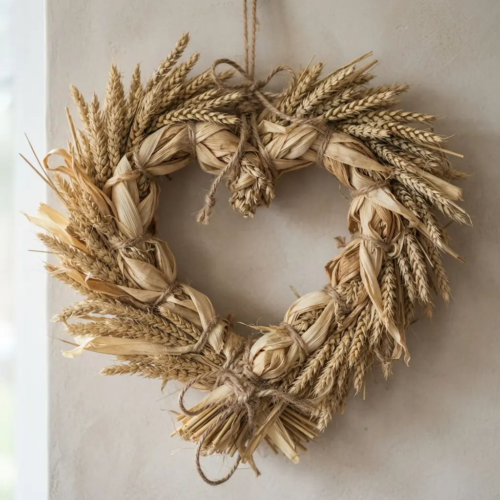 A textural heart wreath made from tightly bound bundles of dried wheat stalks, accented with curled corn husks and a few dried peppers.