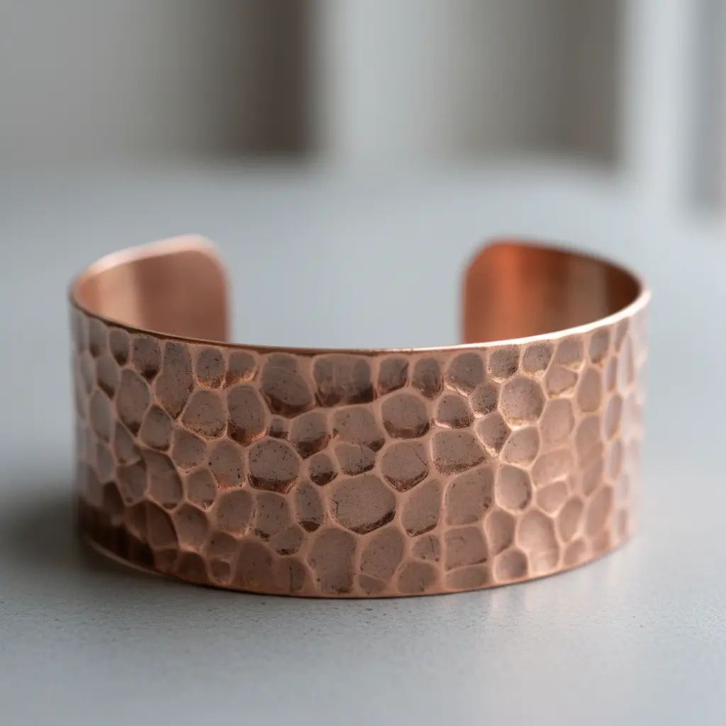 A wide copper cuff bracelet showing a dense hammered texture across its curved surface, reflecting warm light on a dark background.