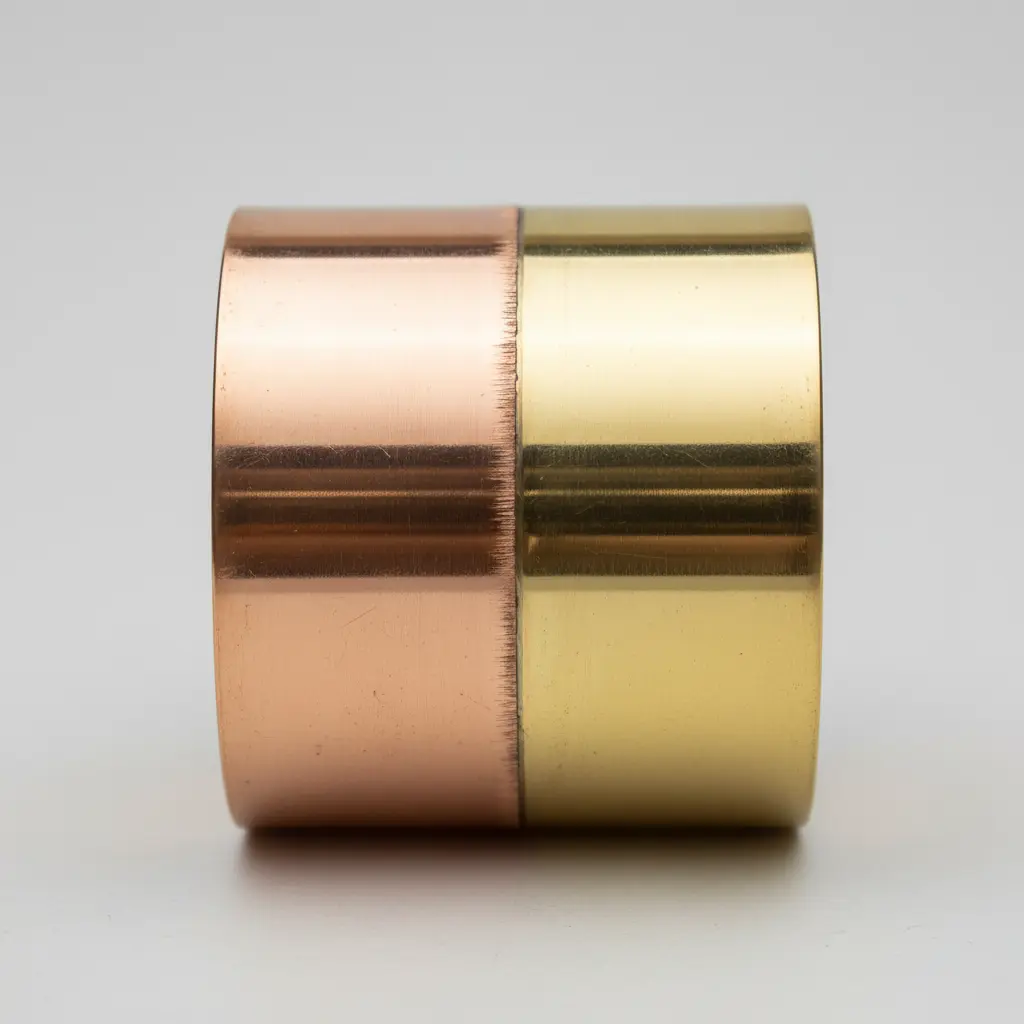 A cuff bracelet made from half copper and half brass, showing a clean vertical seam and high polish on a neutral gray background.