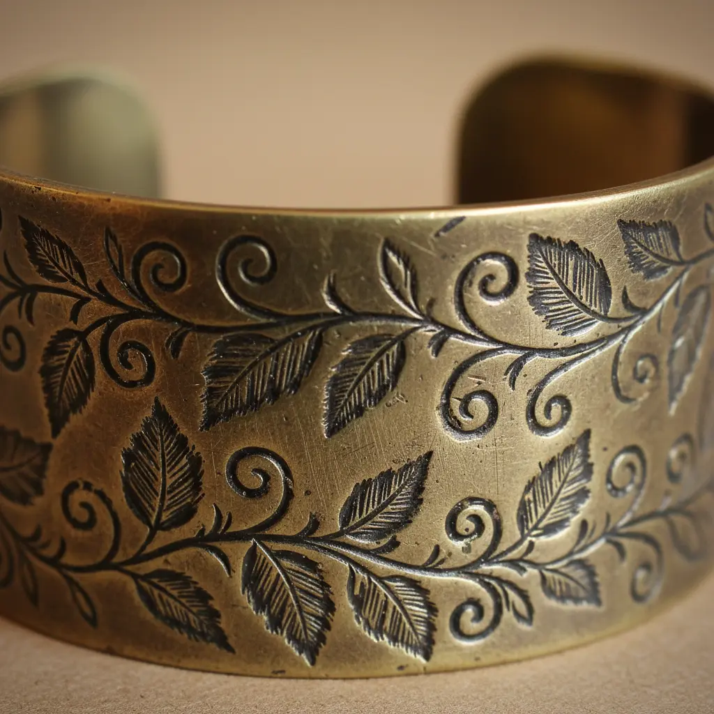 A brass cuff bracelet displaying a continuous stamped botanical design of leaves and vines with a soft metallic shine.