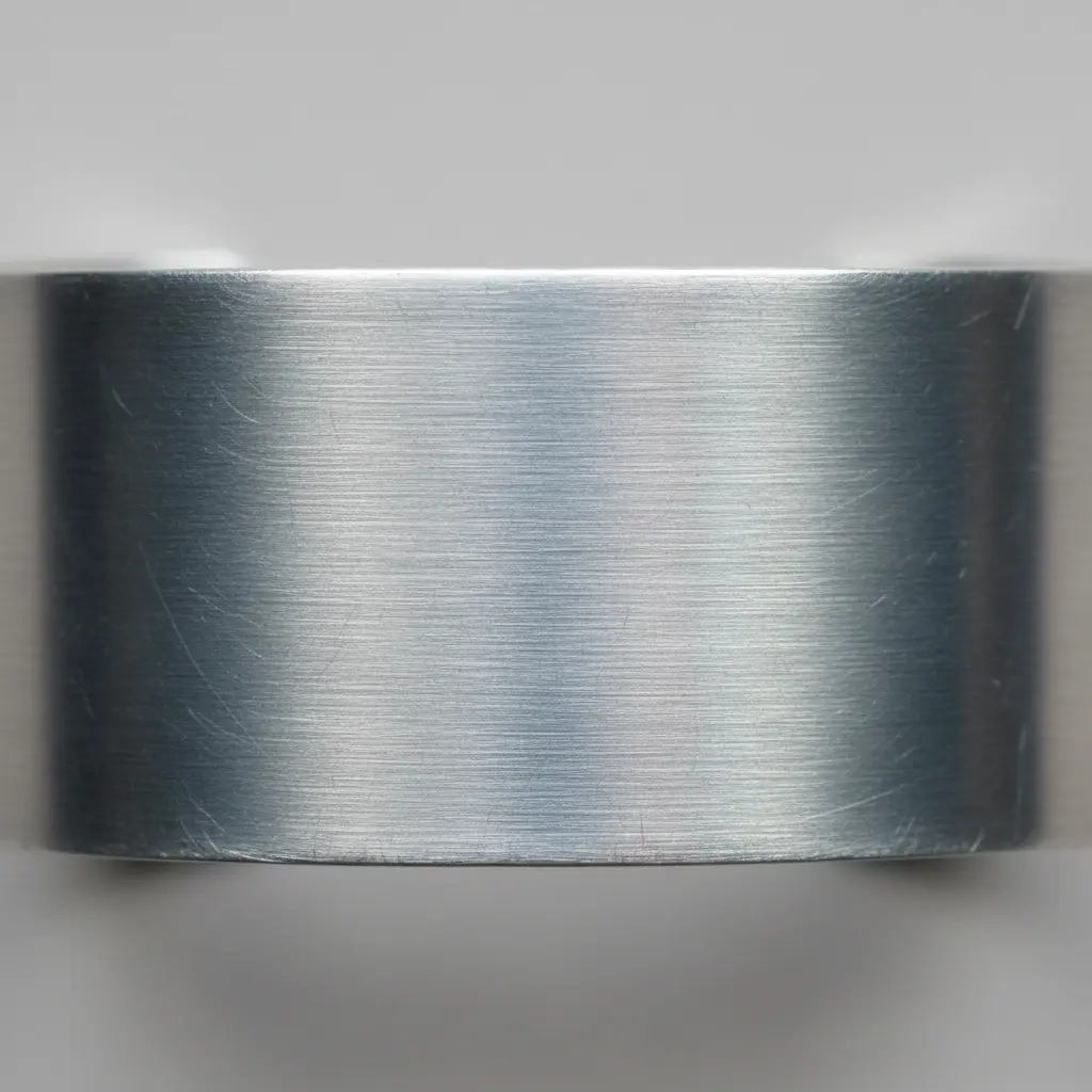A slim aluminum cuff bracelet with a uniform brushed matte finish, catching subtle highlights on a white backdrop.
