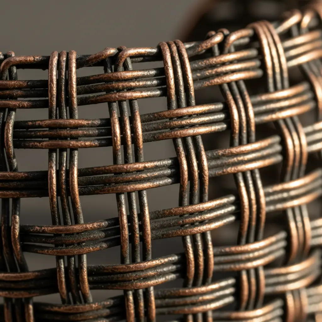 A rustic copper cuff bracelet with a woven wire structure and darkened oxidized spots, resting on a textured wood surface.