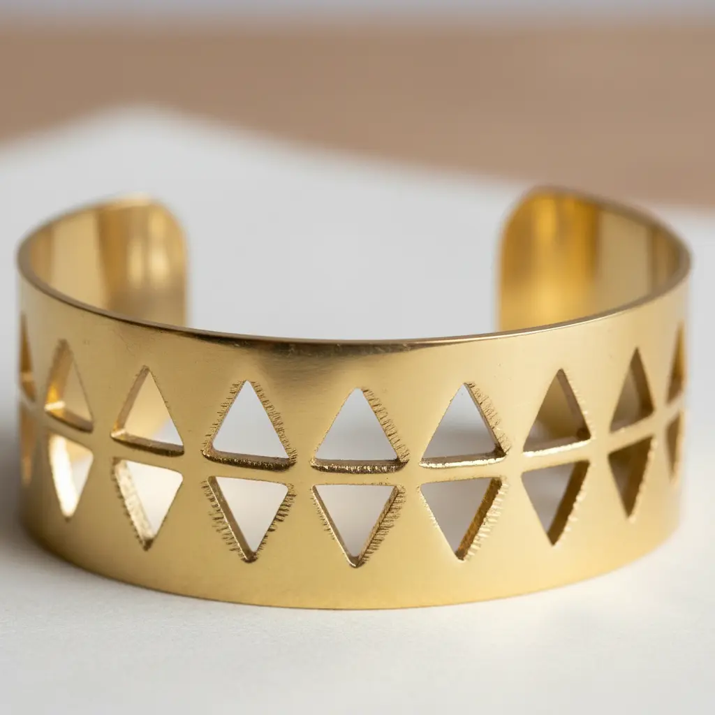 A narrow brass cuff bracelet with precise geometric triangle cutouts, shown against a clean gray studio background.