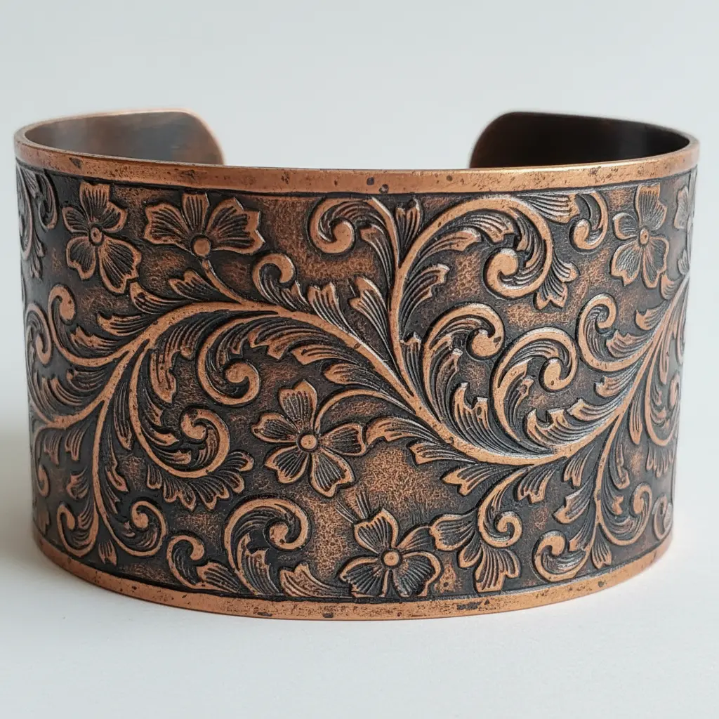 A copper cuff bracelet with deeply etched floral scrollwork patterns enhanced by a dark patina within the recessed lines.