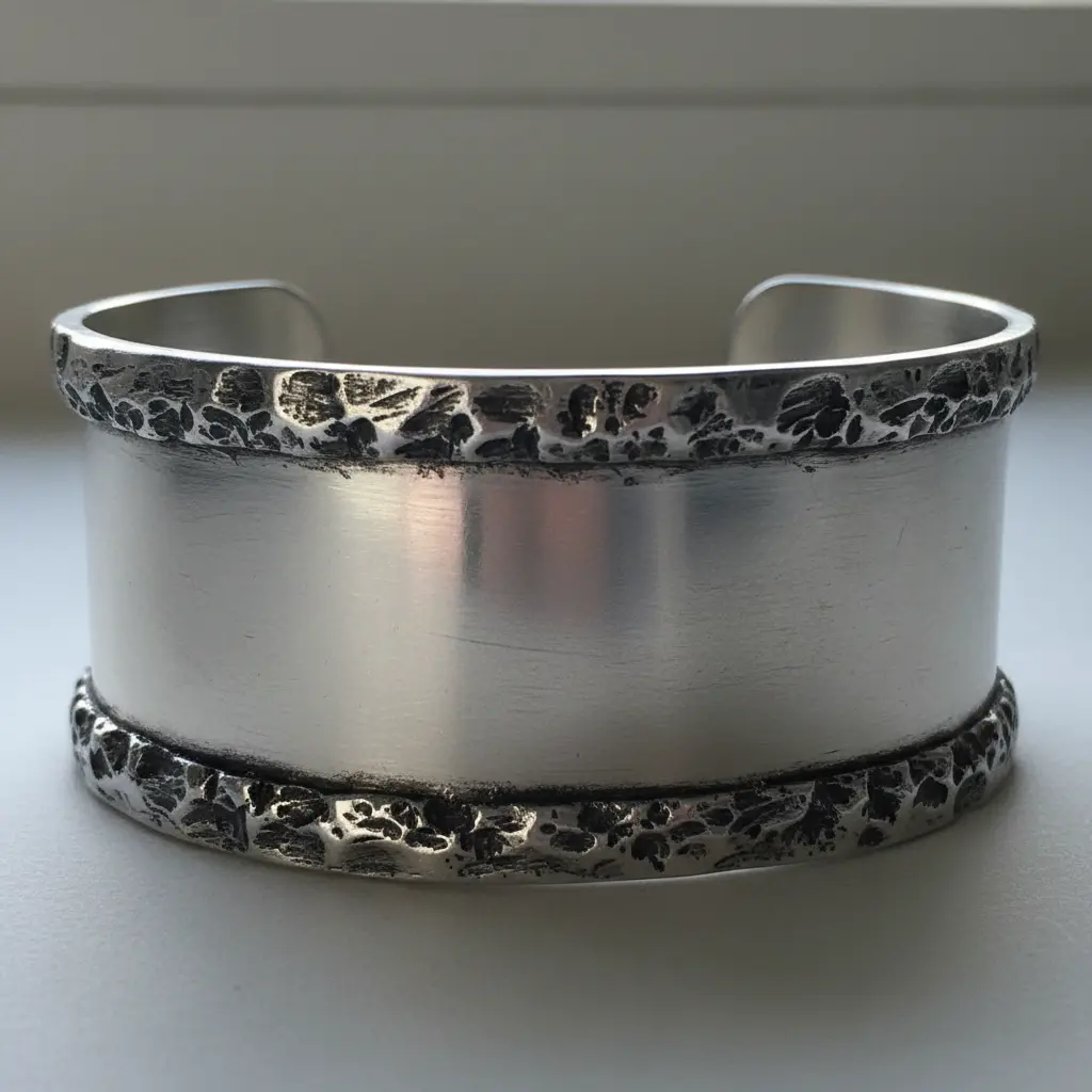A wide brushed aluminum cuff bracelet with heavily hammered top and bottom edges, contrasting the smooth middle section.