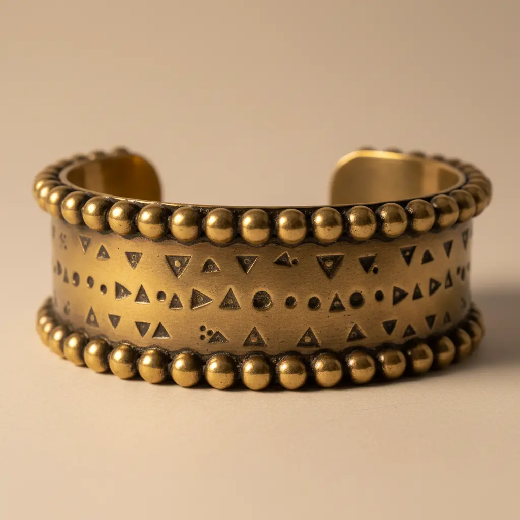 A brass cuff bracelet with a beaded wire trim along both edges and a central band of repeated stamped geometric patterns.