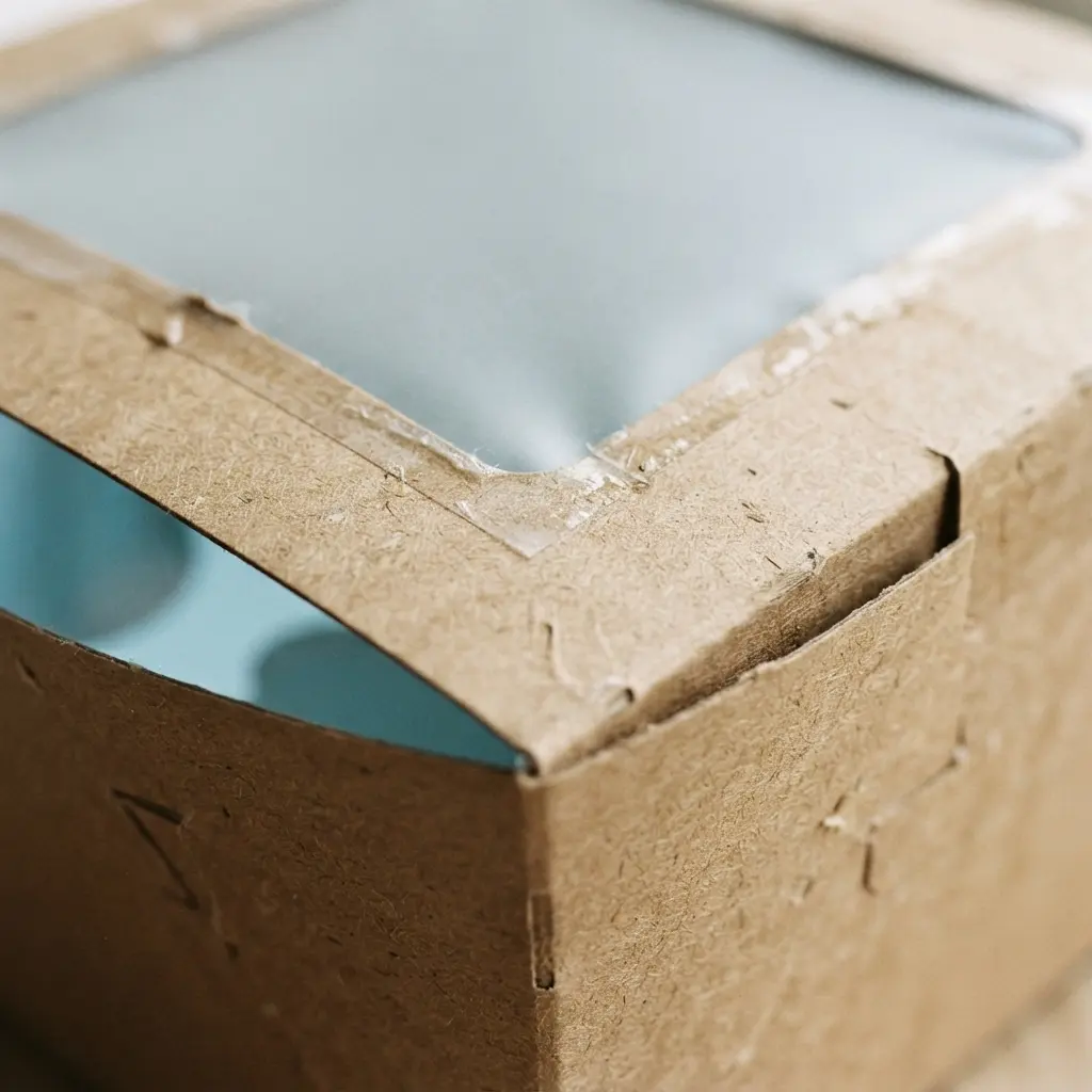 A small cardboard box with a clear acetate panel showing a frosted cupcake inside on a die-cut base.