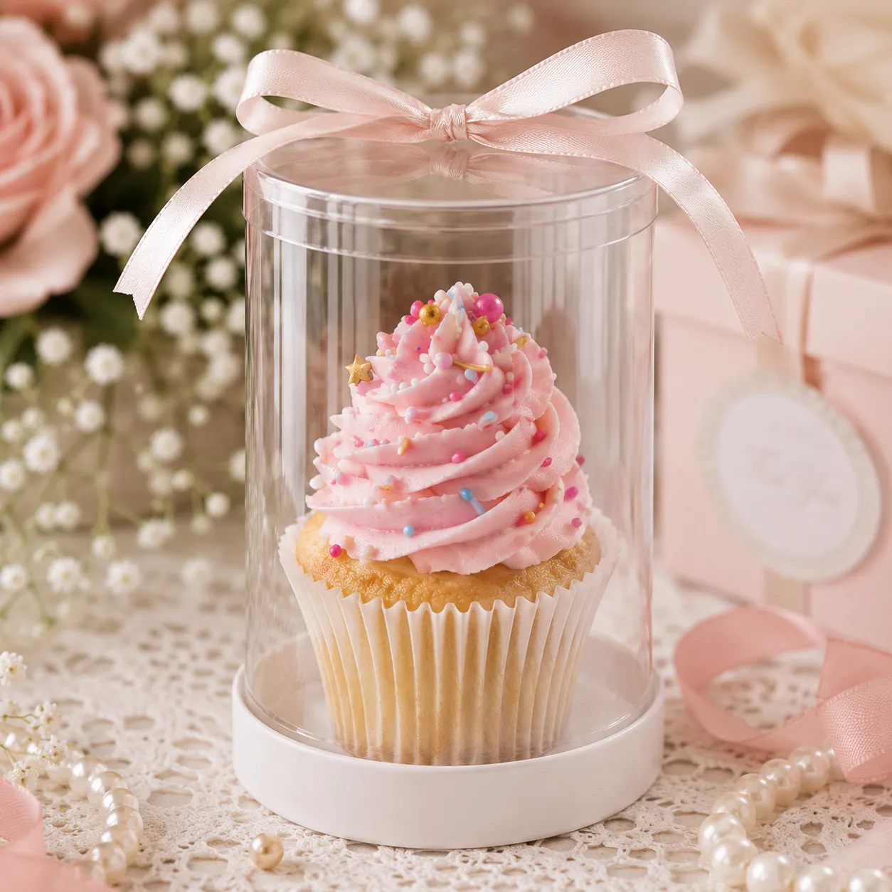 A cylindrical container made from clear acetate sheet, showing a tall cupcake with sprinkles inside.