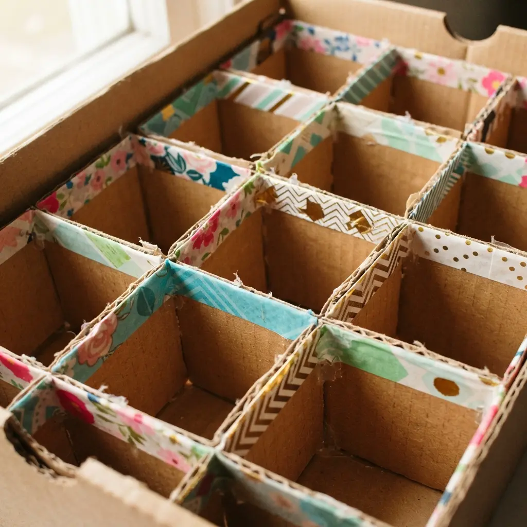 A standard shoebox interior fitted with cardboard dividers and decorated with colorful washi tape.