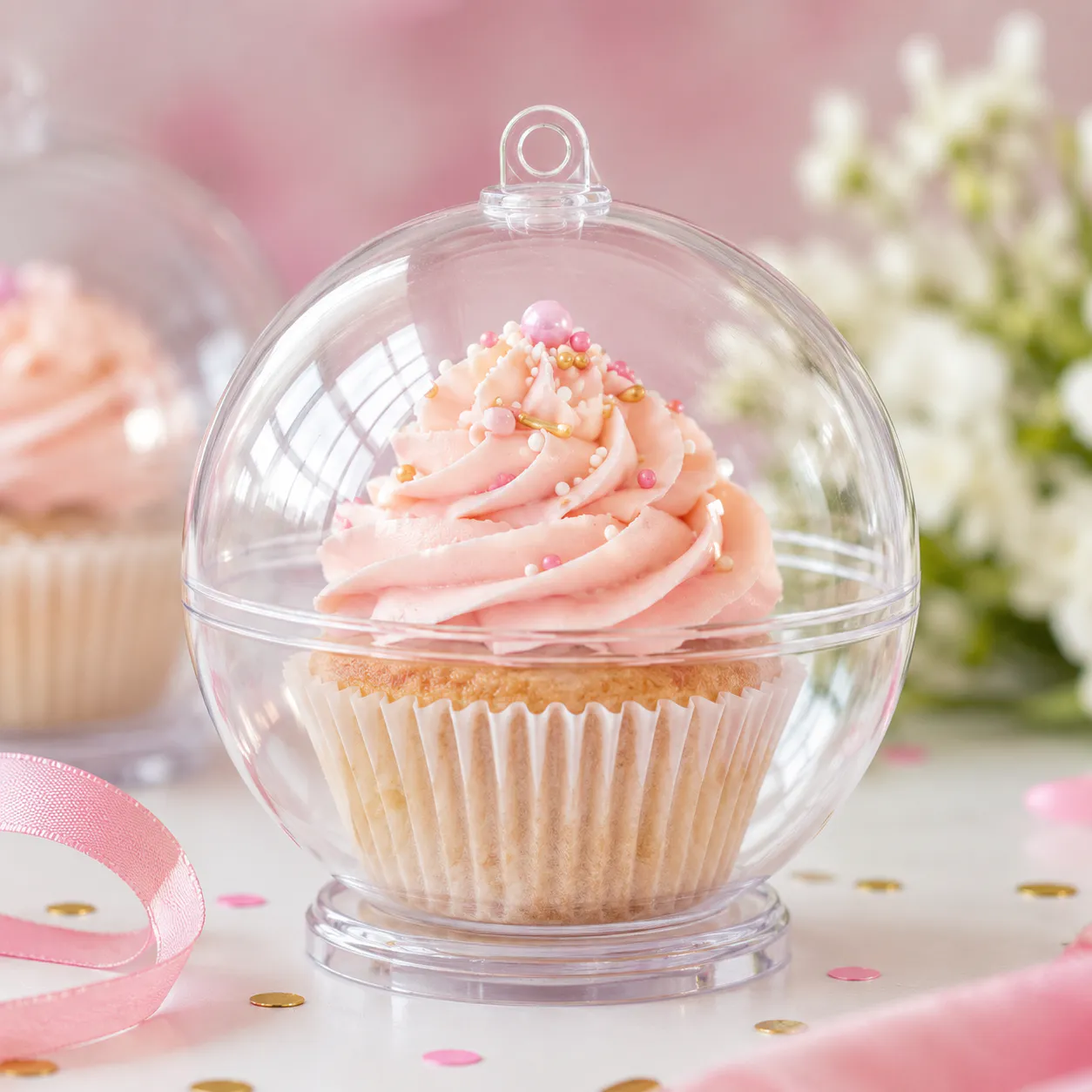A frosted cupcake sits securely inside a transparent plastic sphere on a small base.